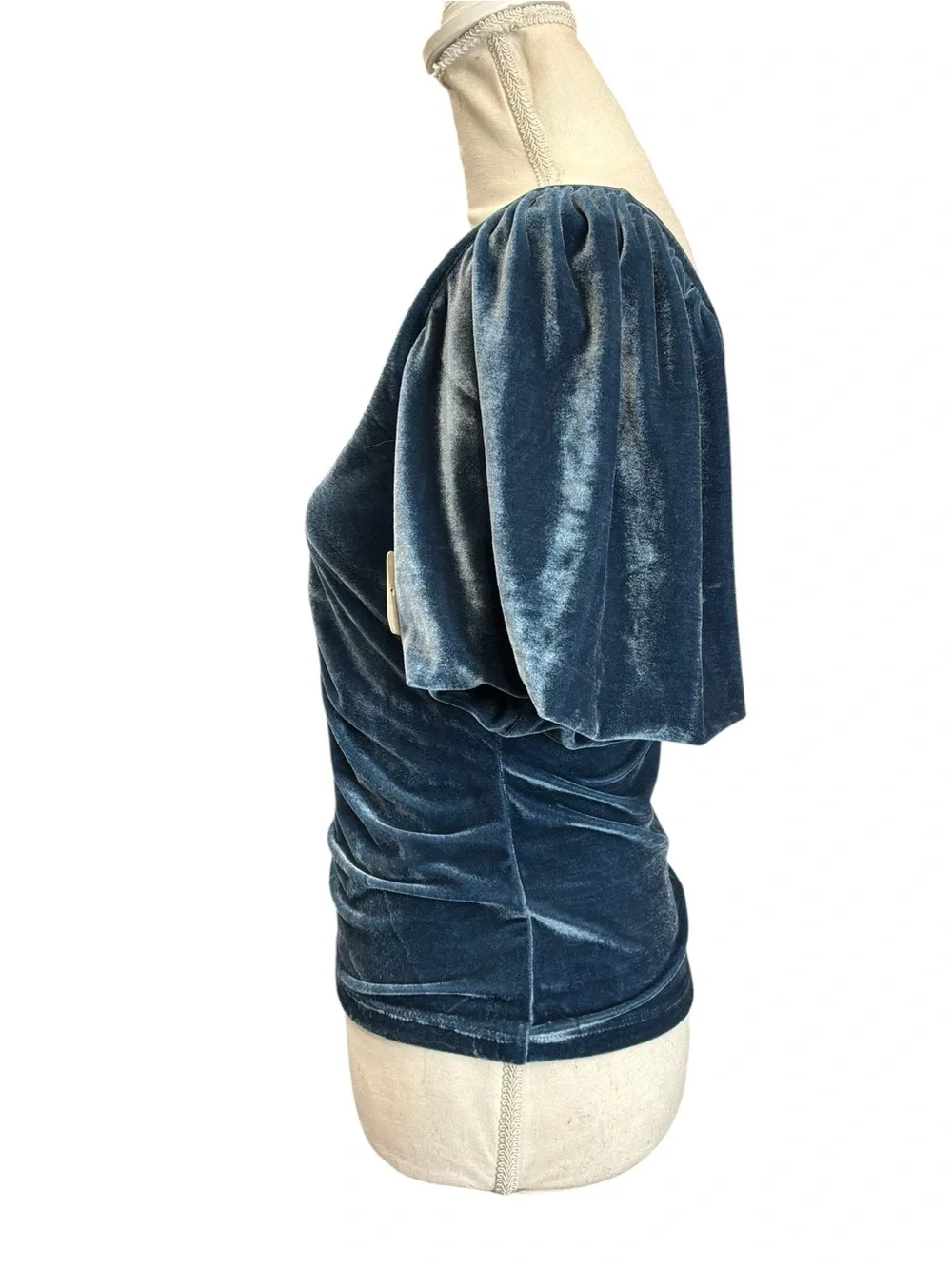 Free People Velvet Ruched Puff Sleeve V-Neck Top Blue Gray Small NWT