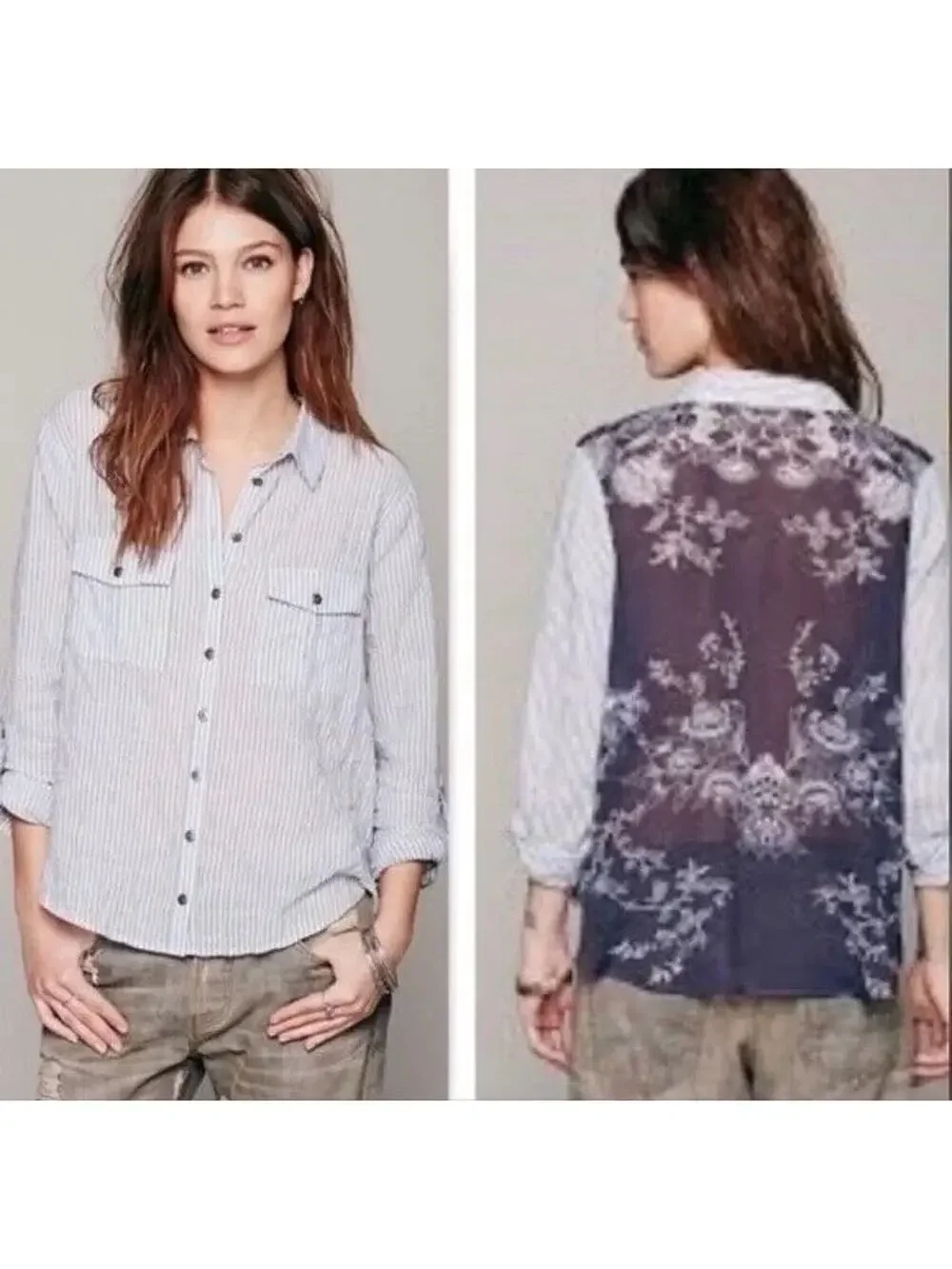 Free People Party in‎ The Back Striped Sheer Floral Shirt Blouse Top Button Sz M