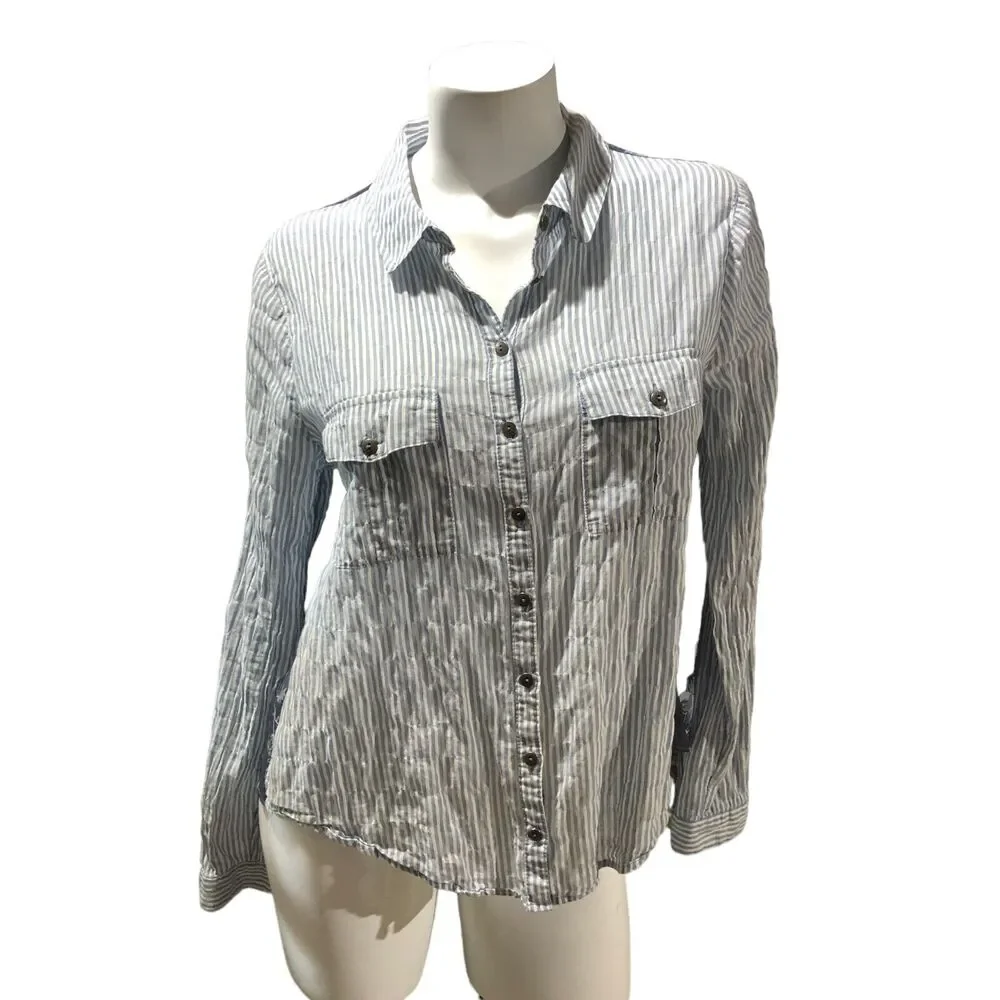 Free People Party in‎ The Back Striped Sheer Floral Shirt Blouse Top Button Sz M