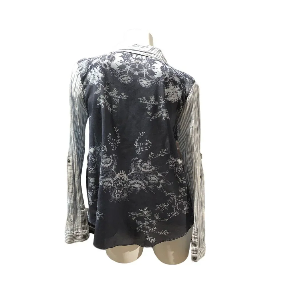 Free People Party in‎ The Back Striped Sheer Floral Shirt Blouse Top Button Sz M