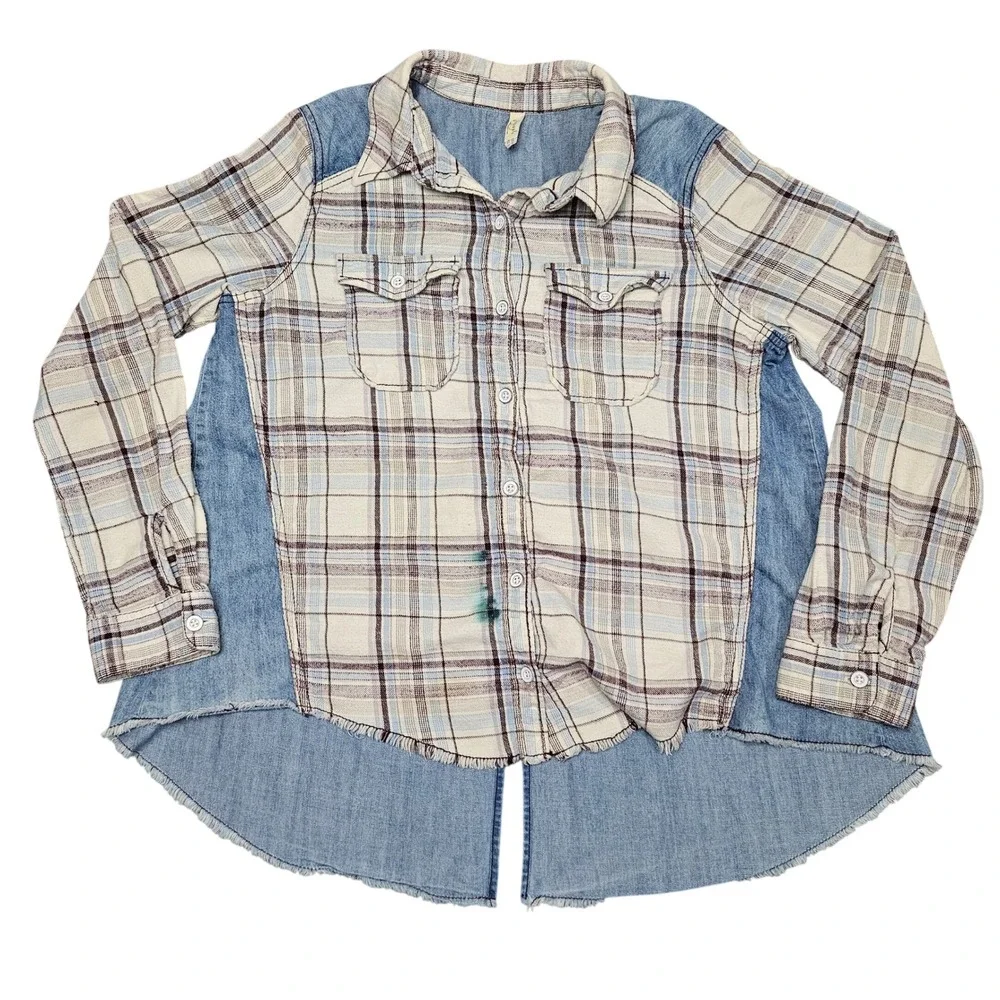Free People Plaid Denim Back Shirt Medium Cream Blue‎ Patchwork Grunge 2010s