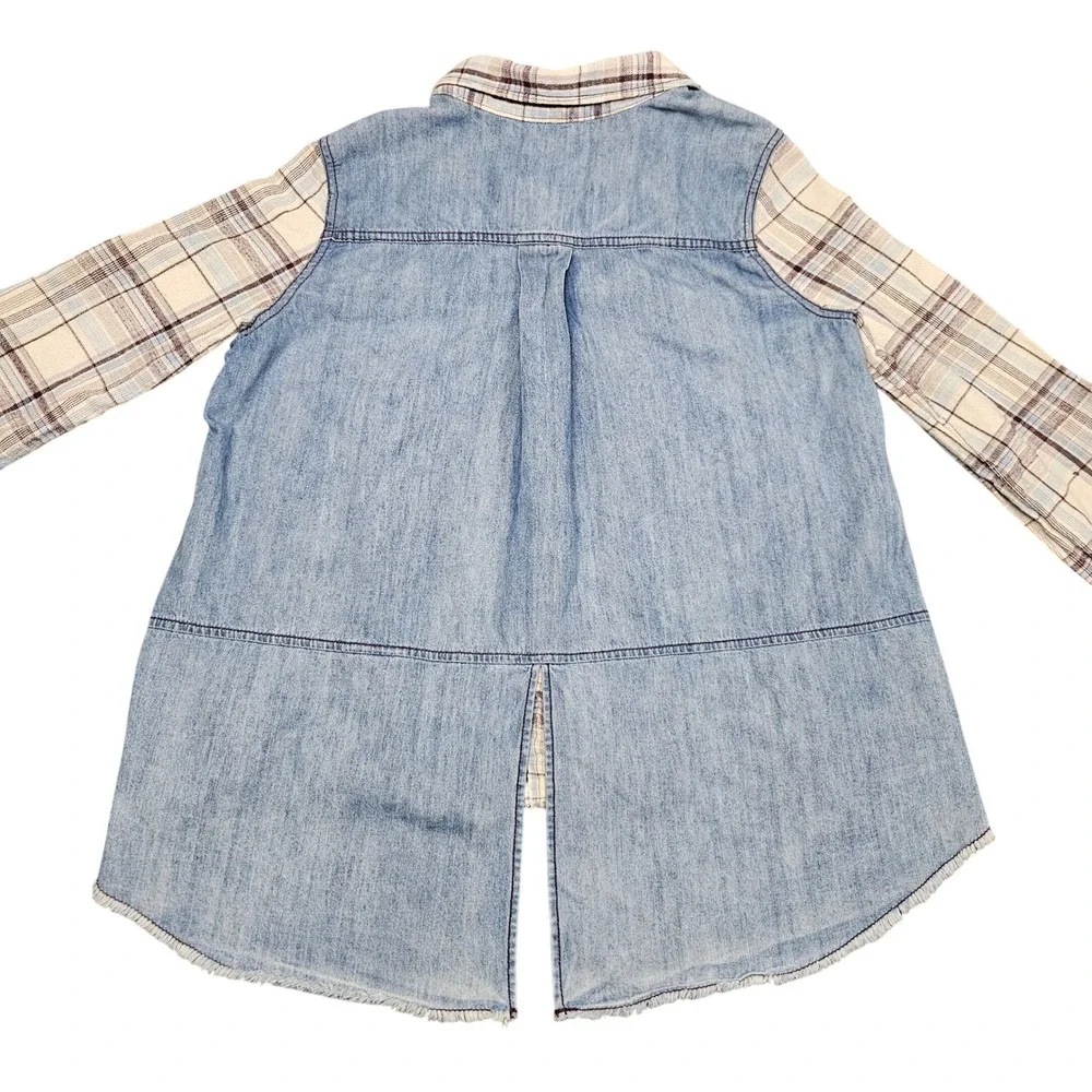 Free People Plaid Denim Back Shirt Medium Cream Blue‎ Patchwork Grunge 2010s