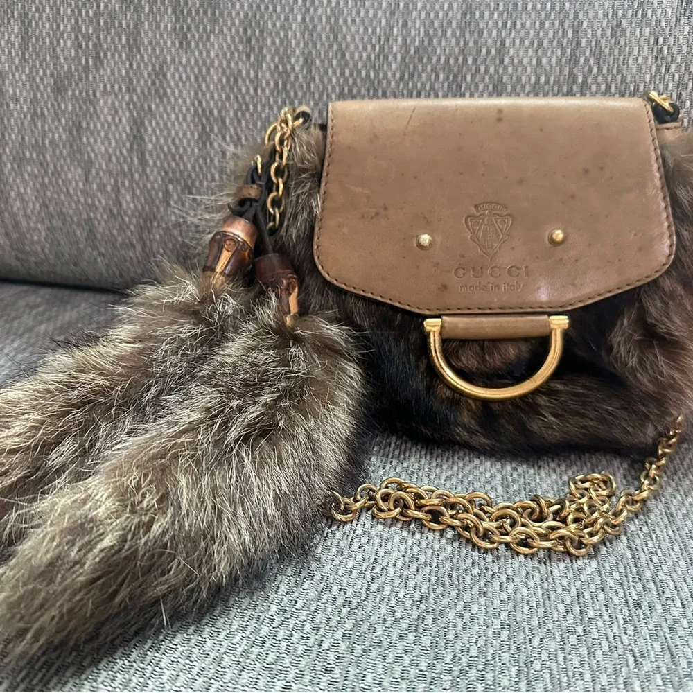 Gucci Brown Fur & Leather Tom Ford Small Flap Bag with Gold Chain Detail