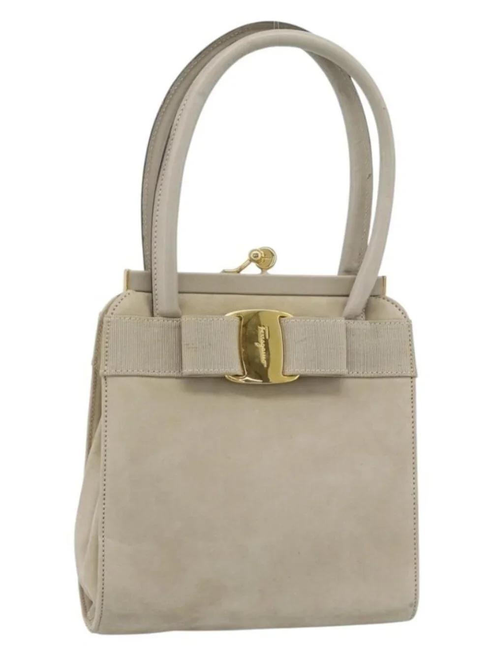 Salvatore Ferragamo Vala Hand Bag Suede Beige Gold Auth ka4791