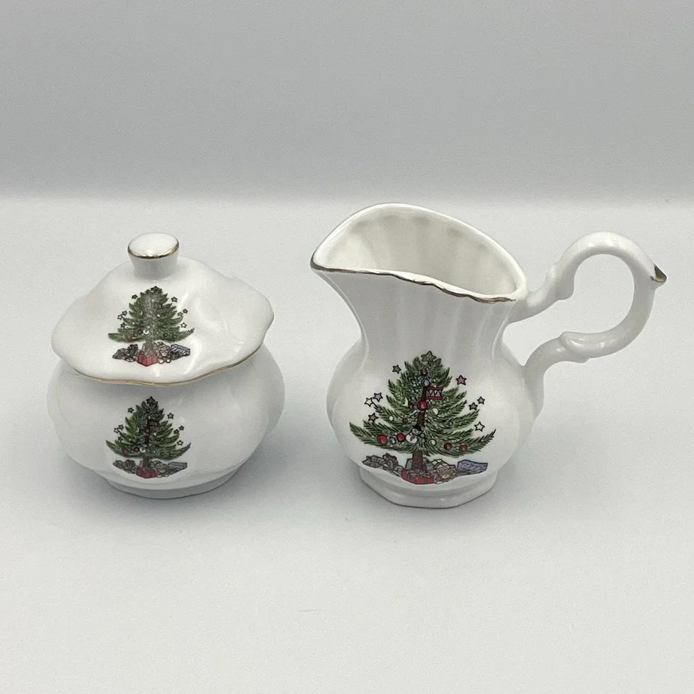 Vintage 1980s‎ Christmas Tree Creamer & Sugar Set Taiwan Porcelain Gold Trim