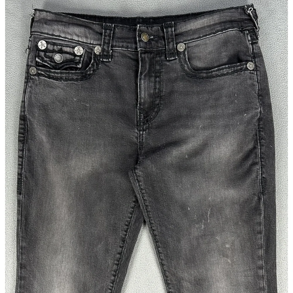 True Religion Jeans 33x33 Black Geno Relaxed Slim Faded Distressed Flap Pocket