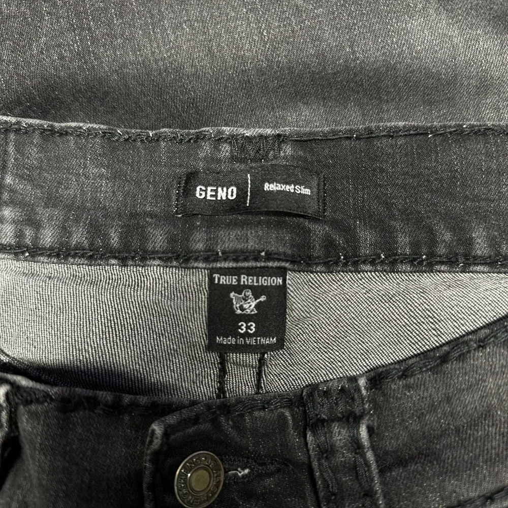 True Religion Jeans 33x33 Black Geno Relaxed Slim Faded Distressed Flap Pocket