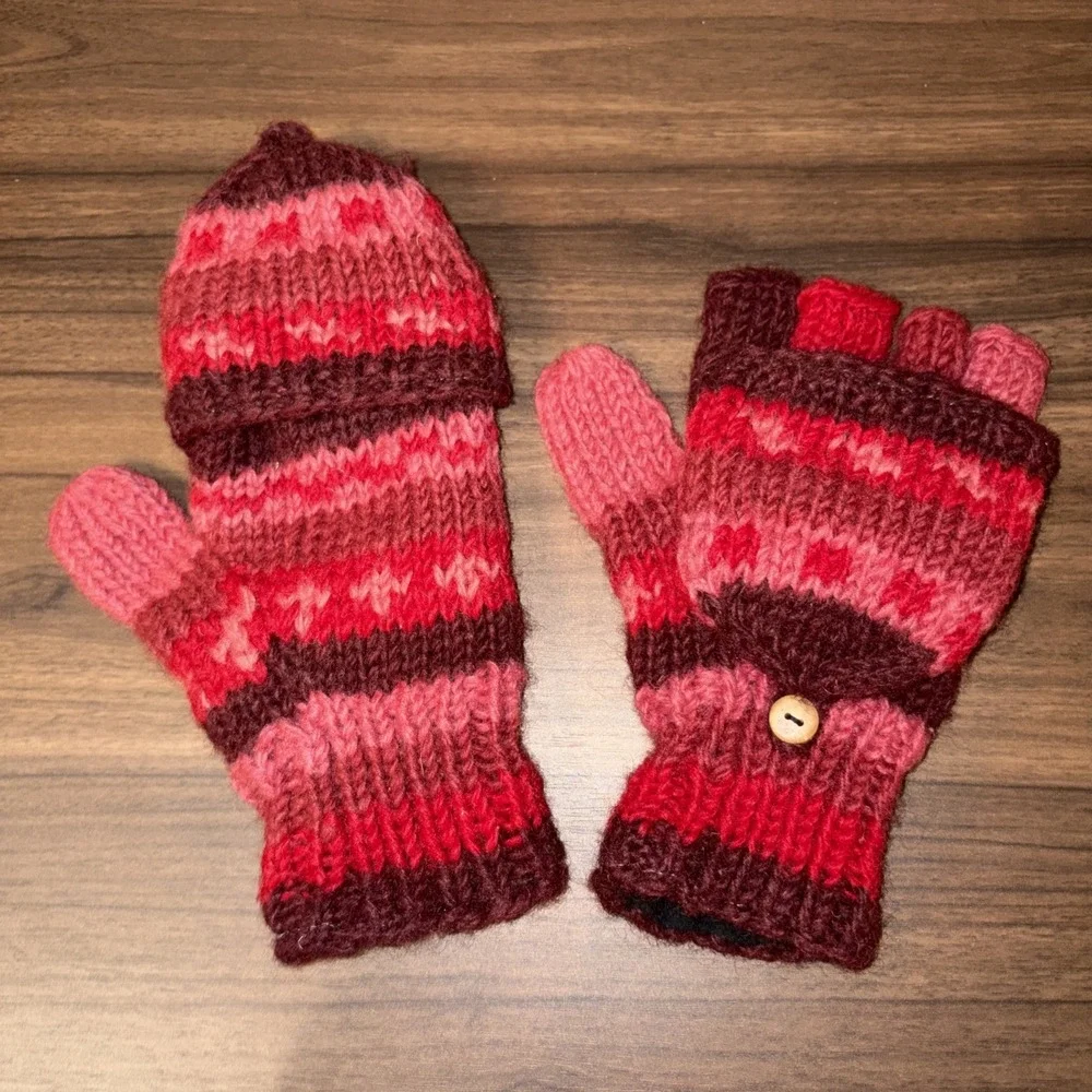 Made In Nepal Wool Fleece Lined Fingerless Gloves Convertible Mittens Red Pink