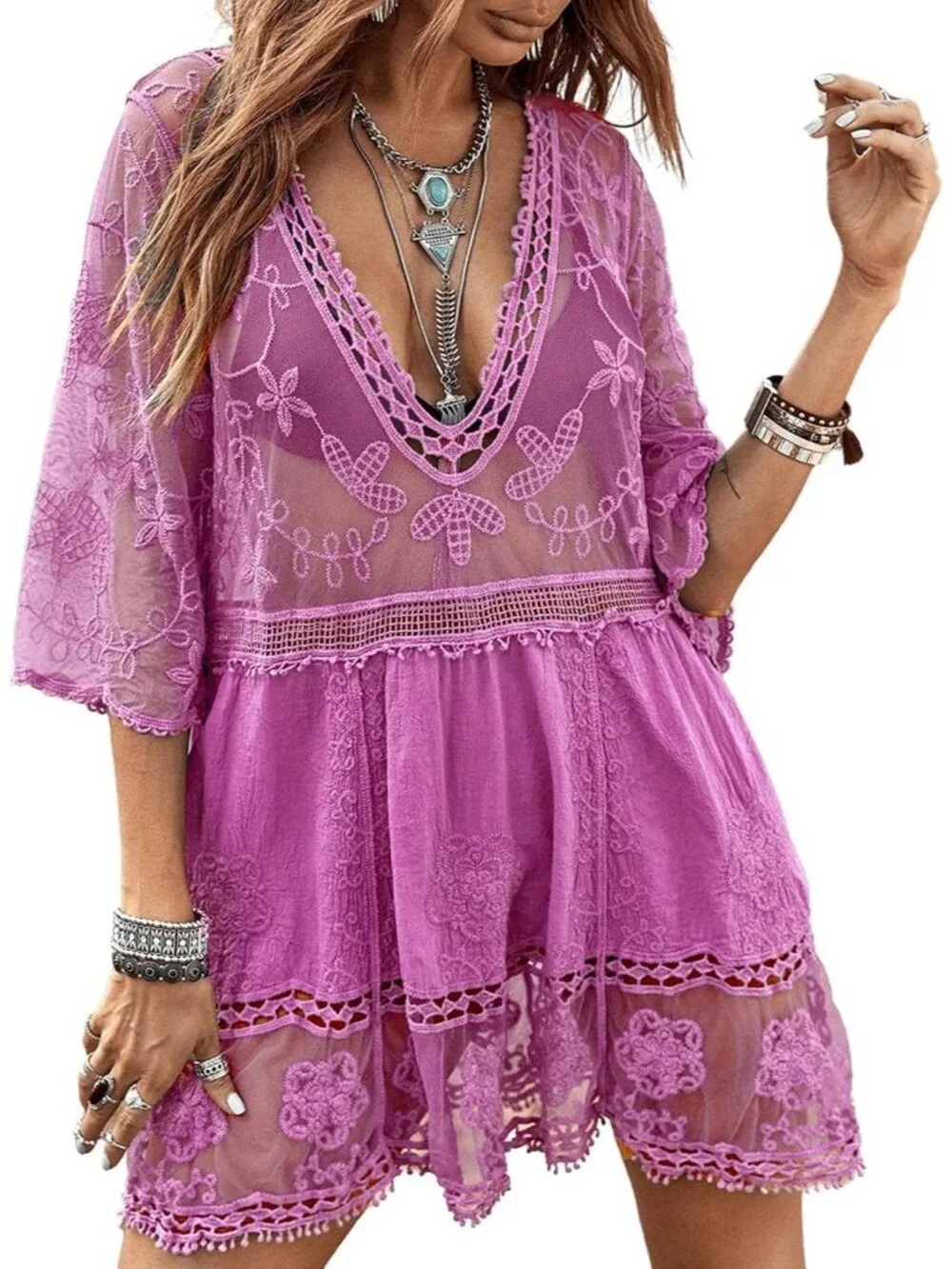 Womens Light Purple Rayon V-Neck Coverup Mesh Lace Bathing Suit Swimsuit Coverup