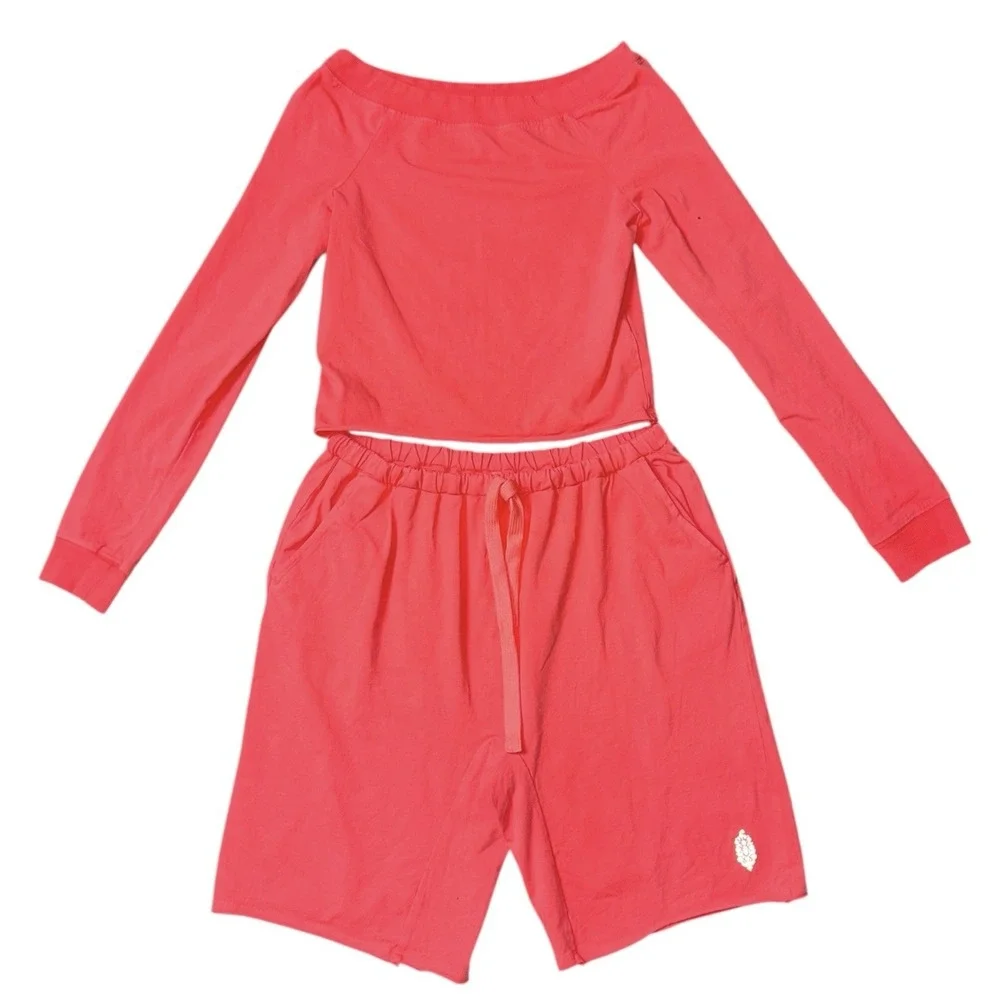 Free People Movement Hot Shot Easy Long Sleeve Set Neon‎ Coral (Top S/Shorts M)
