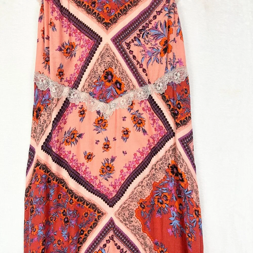 Free People Stevie Printed Maxi Slip Dress Size Large Floral Patchwork Scarf