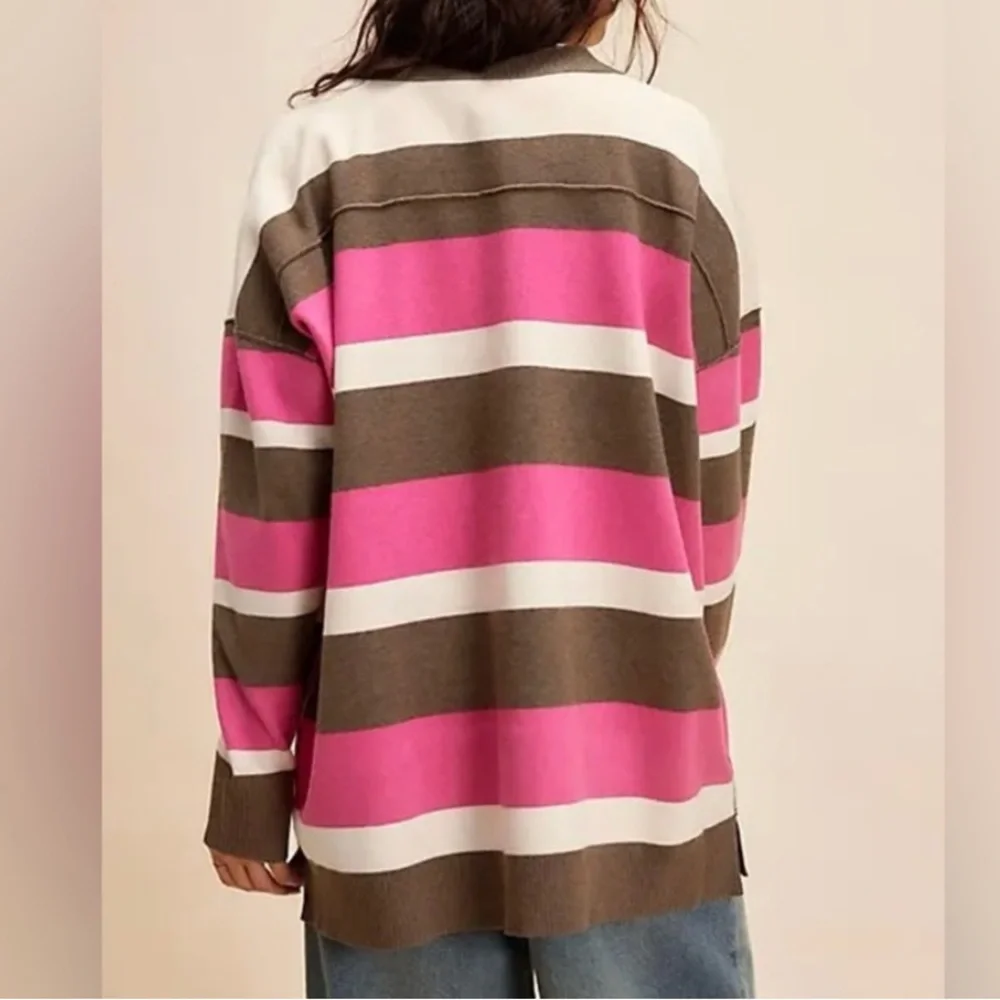 Free People League Of Her Own Cardigan XS‎ Pink Brown Stripe Preppy Slouchy NWOT