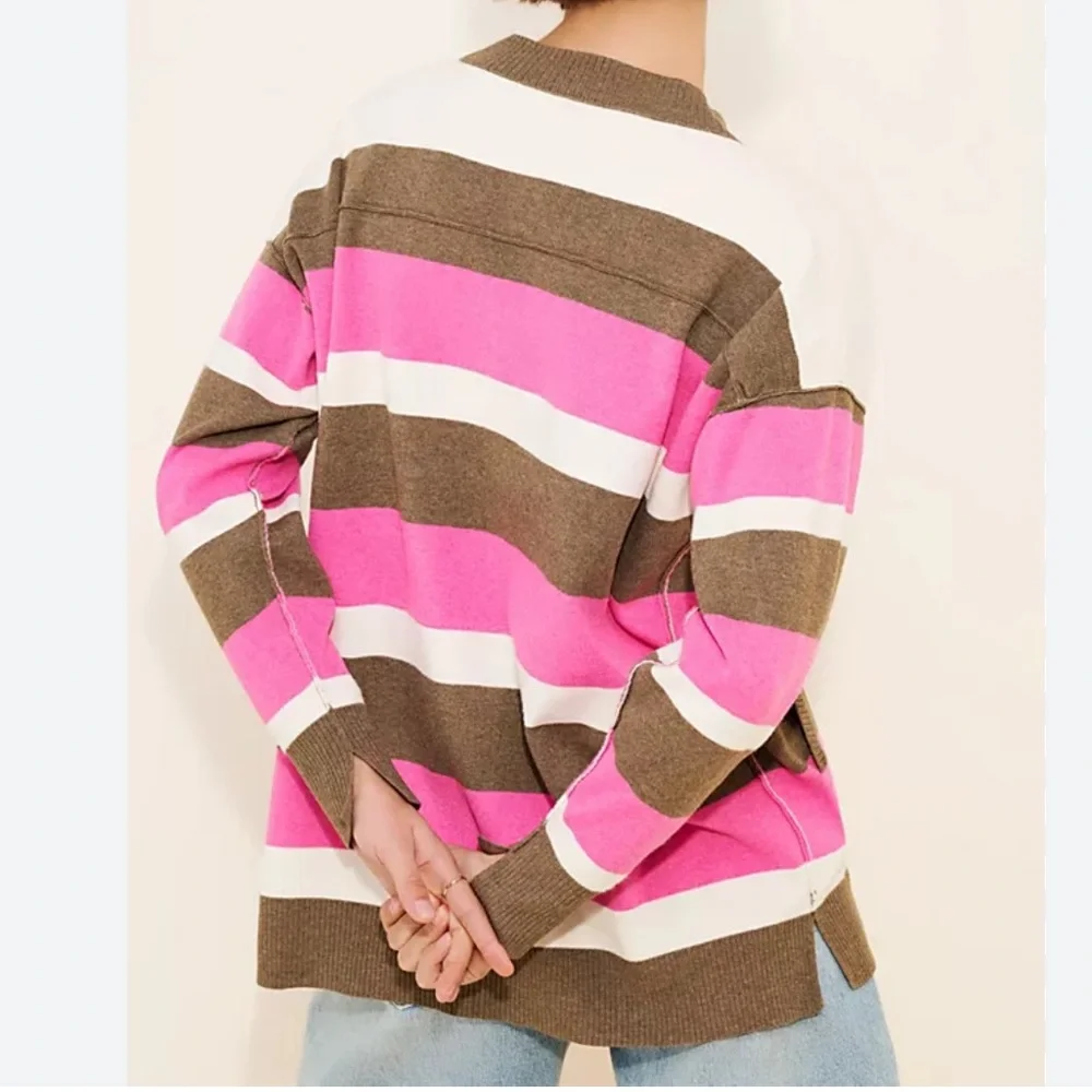 Free People League Of Her Own Cardigan XS‎ Pink Brown Stripe Preppy Slouchy NWOT