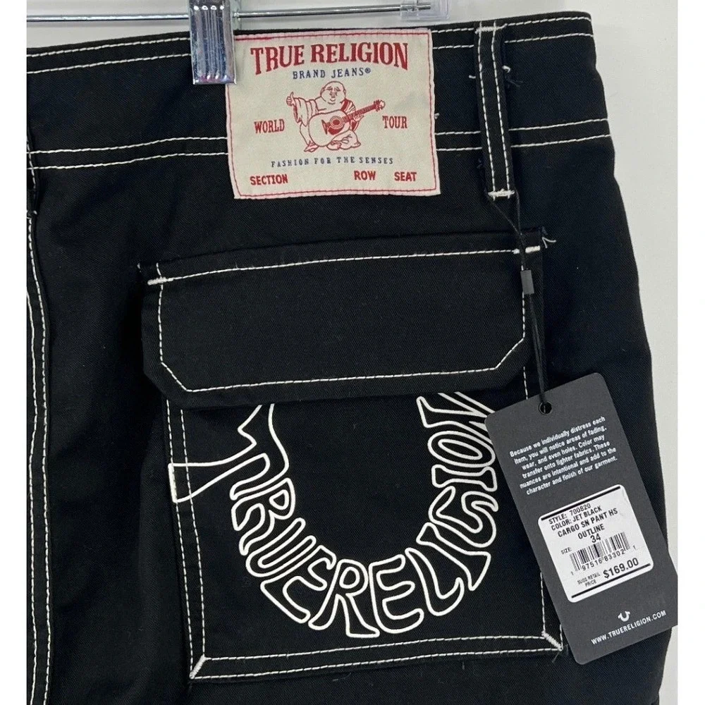True Religion Cargo Pants Mens 34 Black Contrast Stitch Horseshoe Embroidery NEW