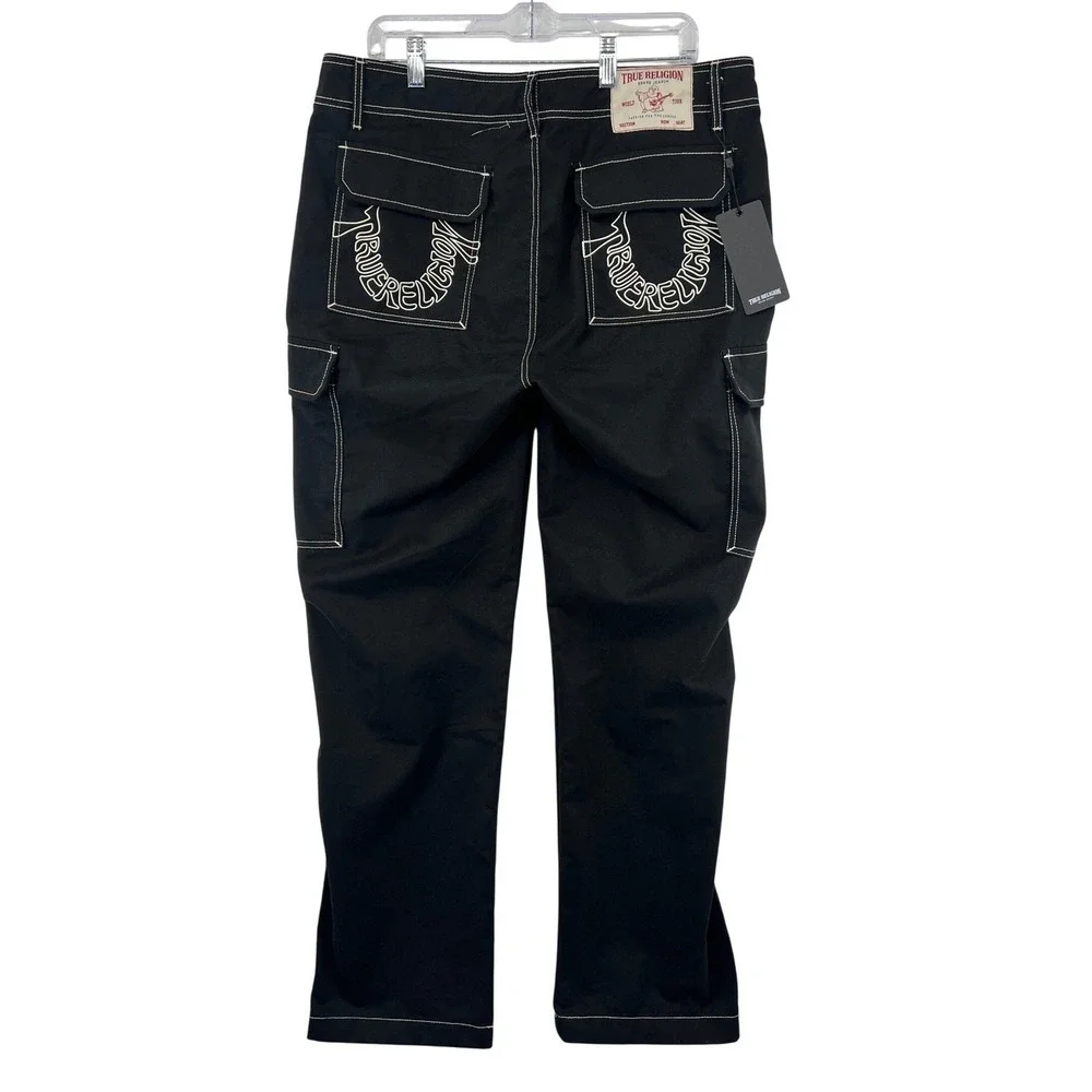 True Religion Cargo Pants Mens 34 Black Contrast Stitch Horseshoe Embroidery NEW