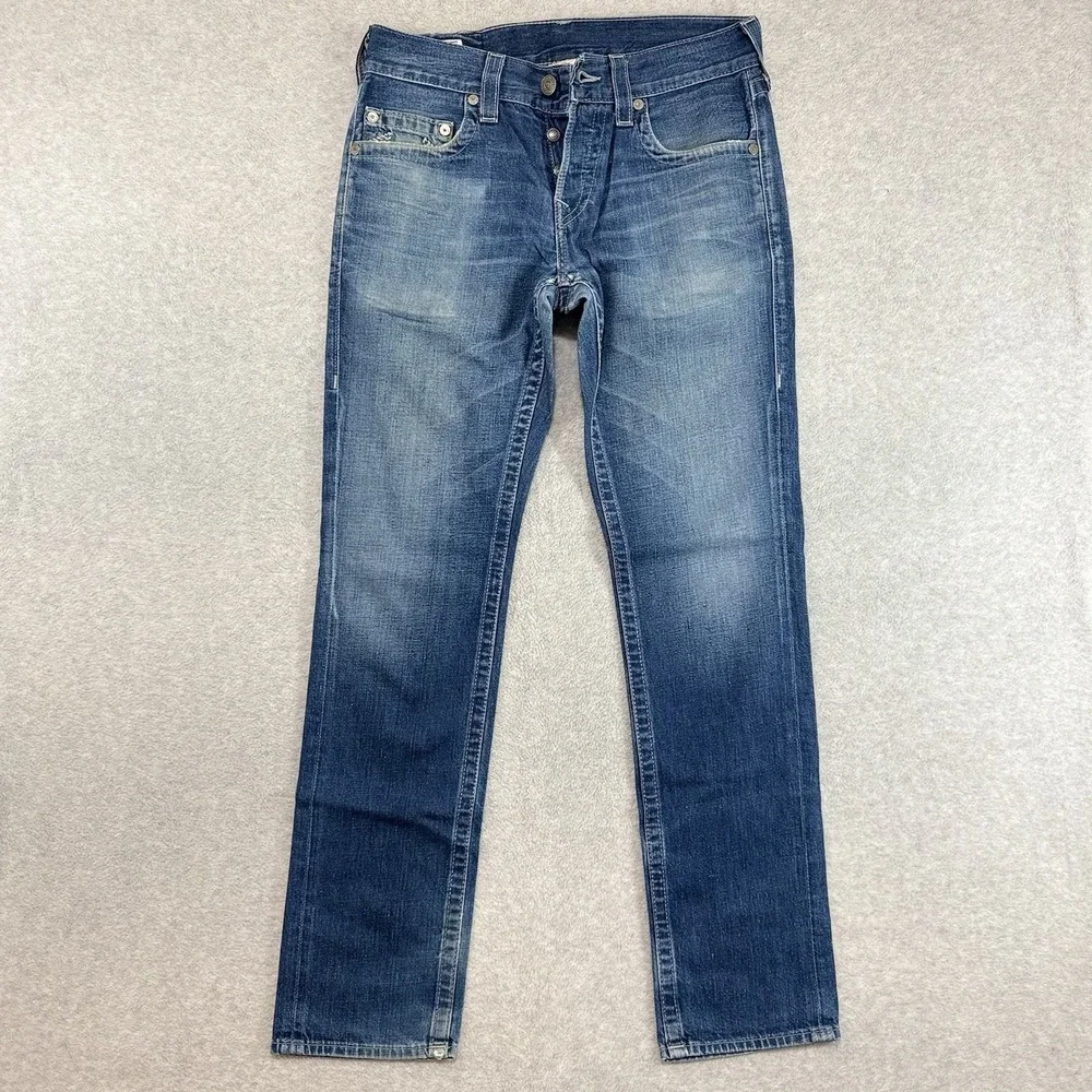 True Religion Slim Straight‎ Leg Jeans Mens 30x35 Jackson Dark Wash Repaired Y2K