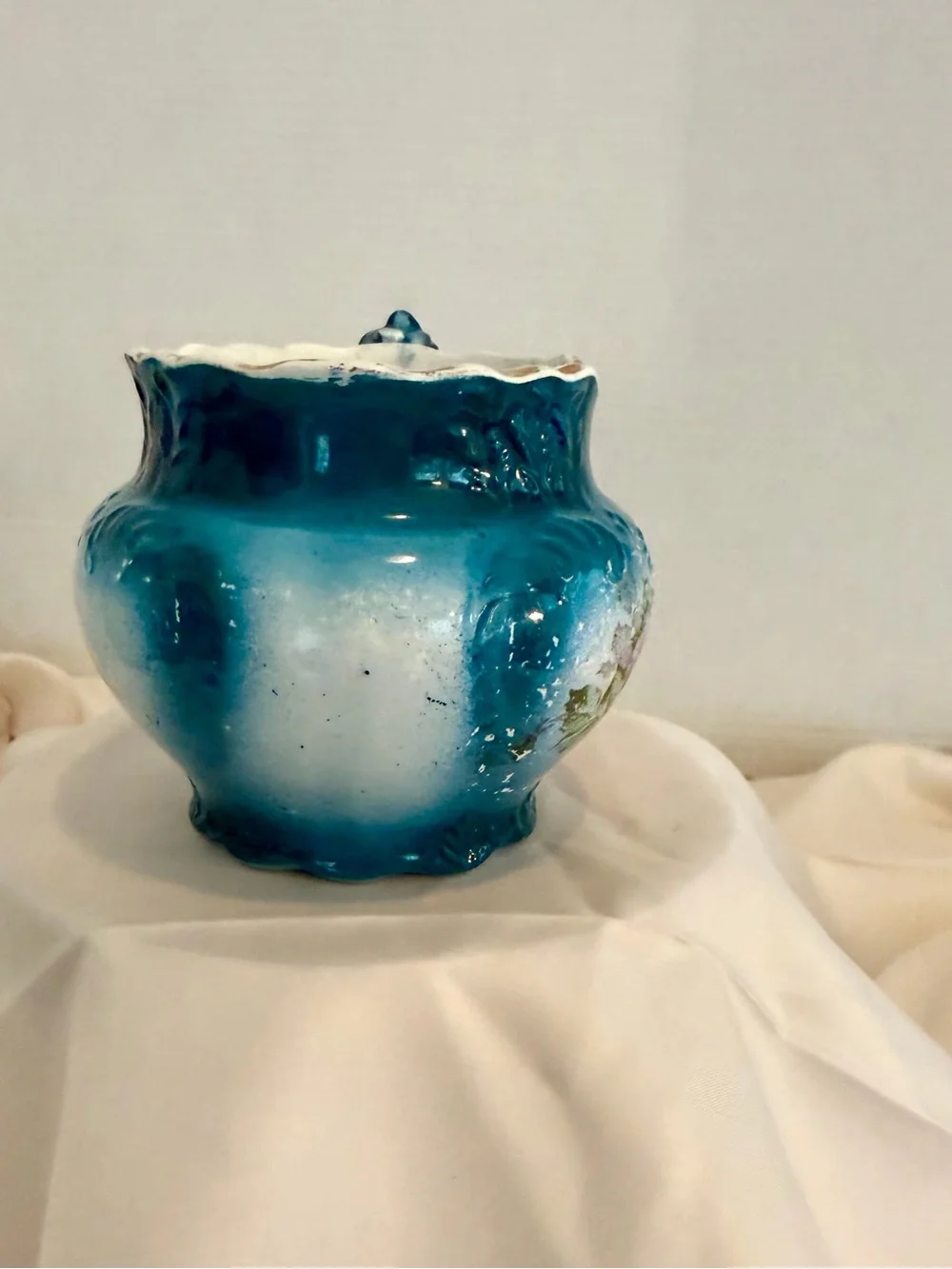 Vintage Turquoise Ironstone Creamer with Pink Rose Motif