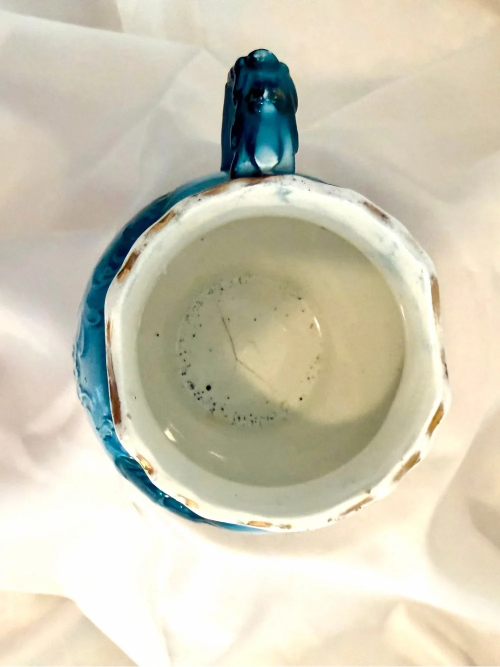 Vintage Turquoise Ironstone Creamer with Pink Rose Motif