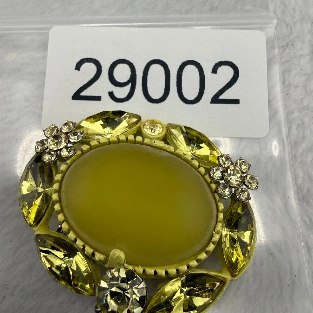Vintage Brooch Yellow Enamel Rhinestone Floral Oval Pin
