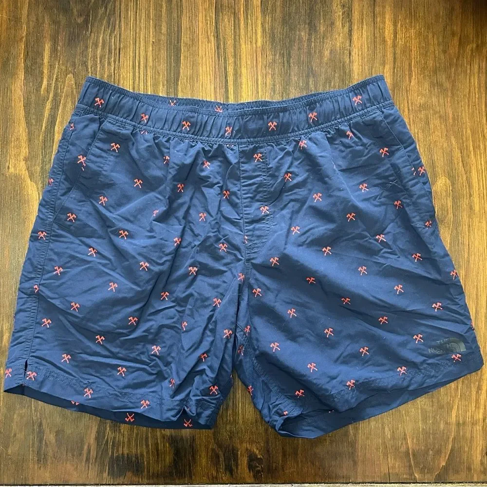 North Face Navy Blue Swim Shorts with Red Pattern men's Large Pickaxe