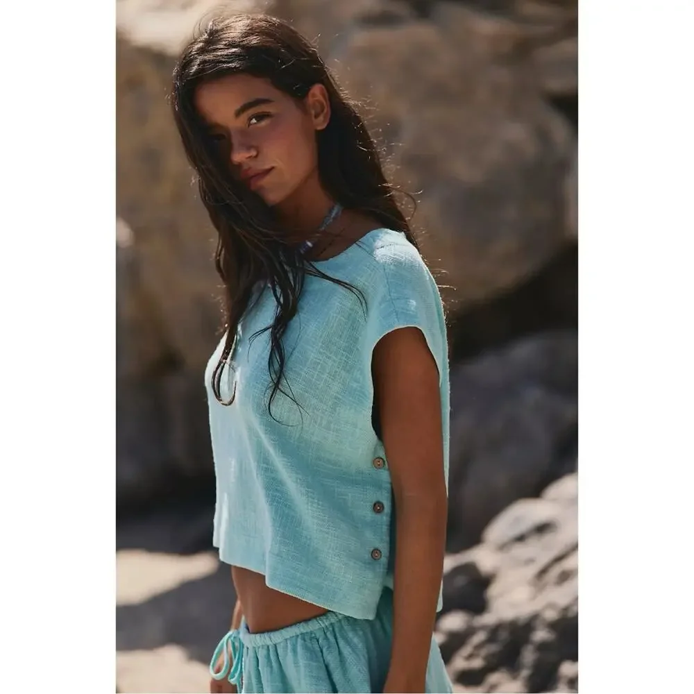 Free People Bohemian Beachy Skye Mini Skirt & Top Set Aqua Blue XS NWT