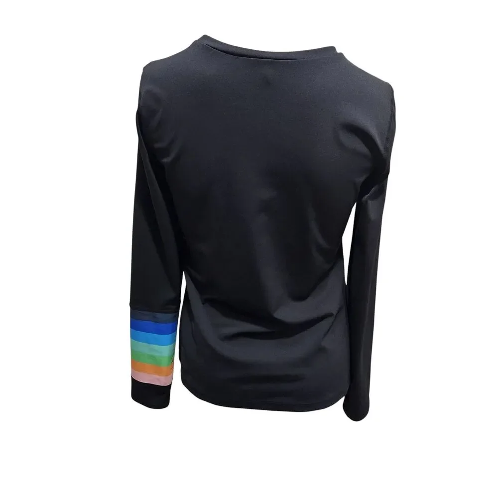 Free People Movement Black Rainbow Stripe Long Sleeve Stretch Top Large‎
