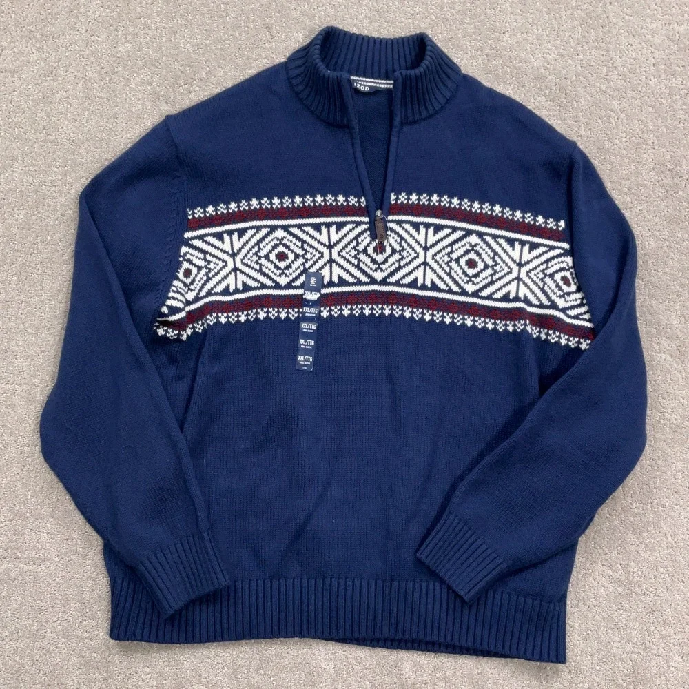 IZOD Sweater Men 2XL Blue Fair Isle Pullover Nordic‎ 1/4 Zip Cotton Ski Winter