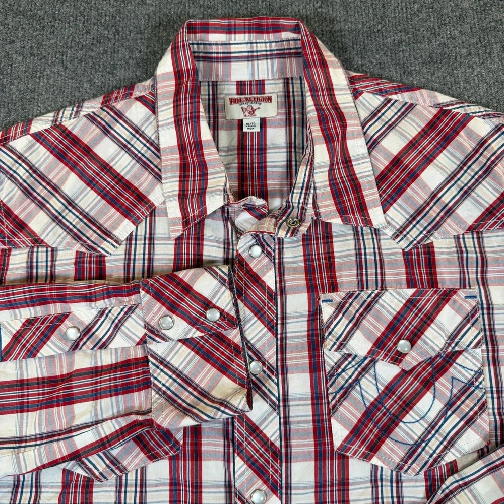 True Religion Mens XL Red Blue Plaid Western Pearl Snap‎ Long Sleeve Shirt #2949
