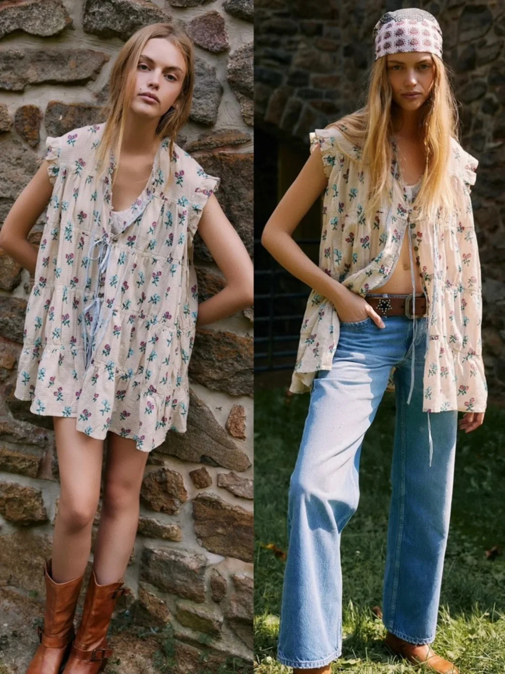 NWT Free People Sundown Ivory Combo Ditsy Floral Tunic Dress‎