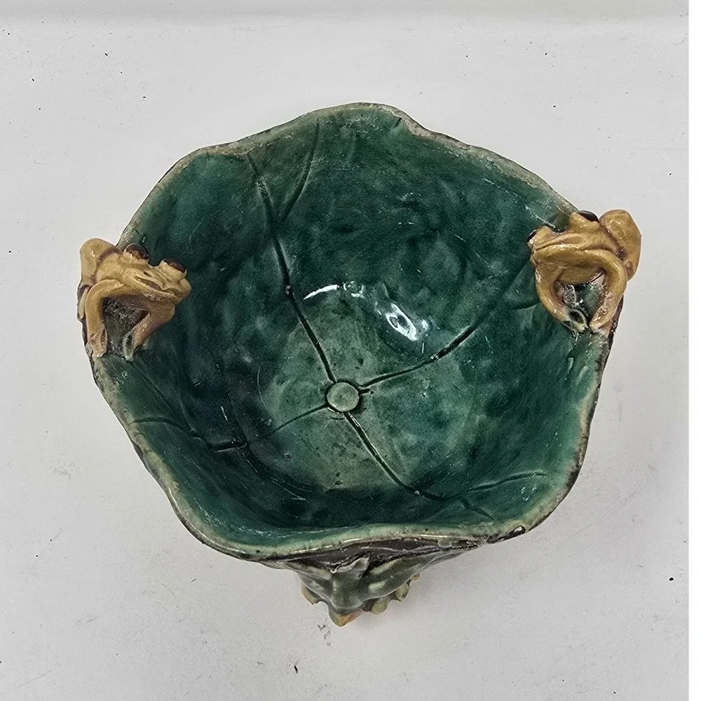 Vtg Majolica‎ style frogs planter ceramic pottery pot green brown