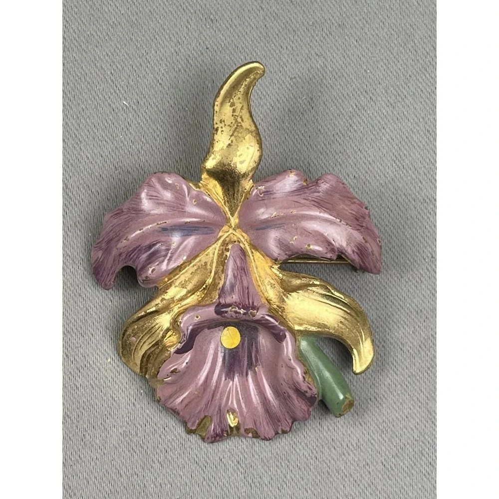 Vintage‎ Orchid Brooch Purple Gold-Tone 1950s Flower Pin Corsage Brooch Painted