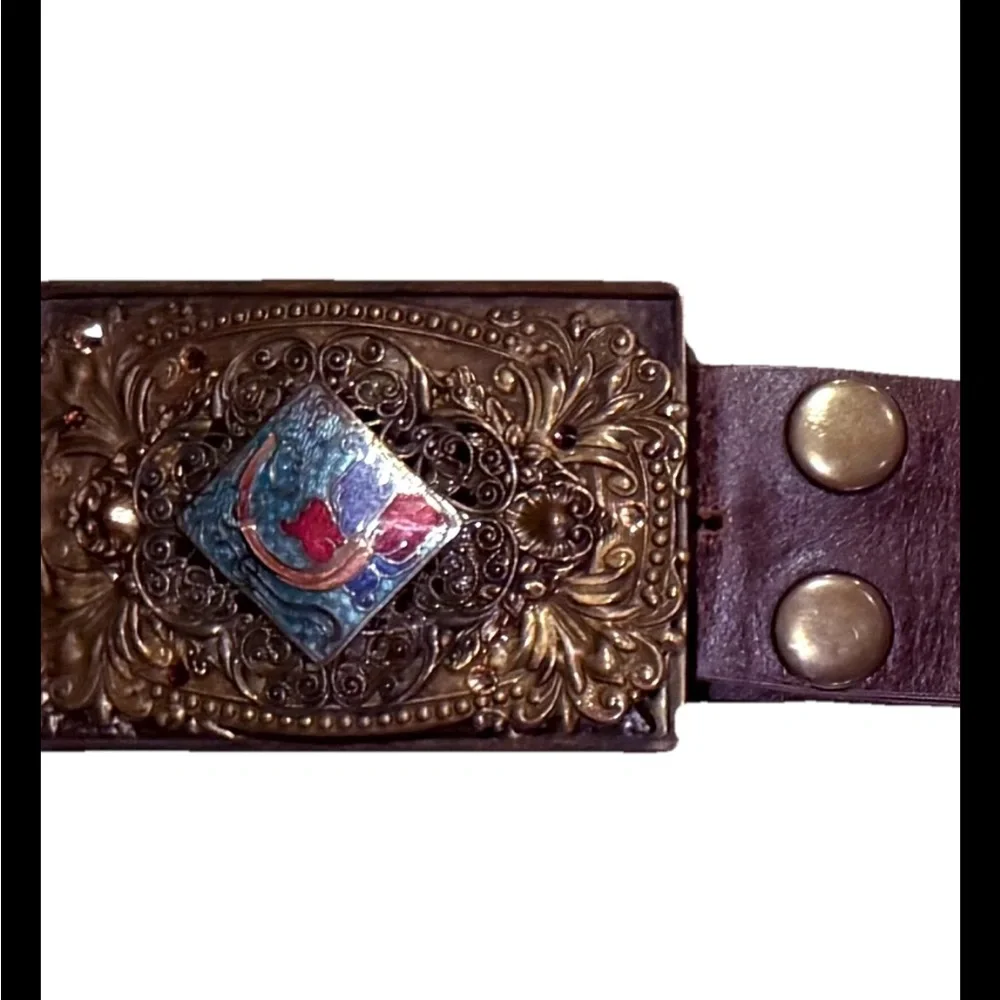 Floral Studded Brown Leather Belt w/Filigree Enamel Belt Buckle Small
