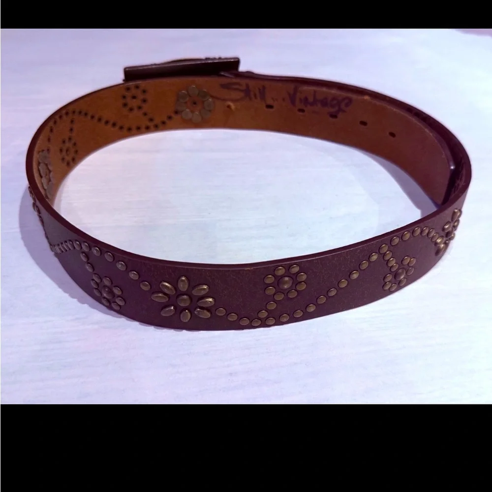 Floral Studded Brown Leather Belt w/Filigree Enamel Belt Buckle Small