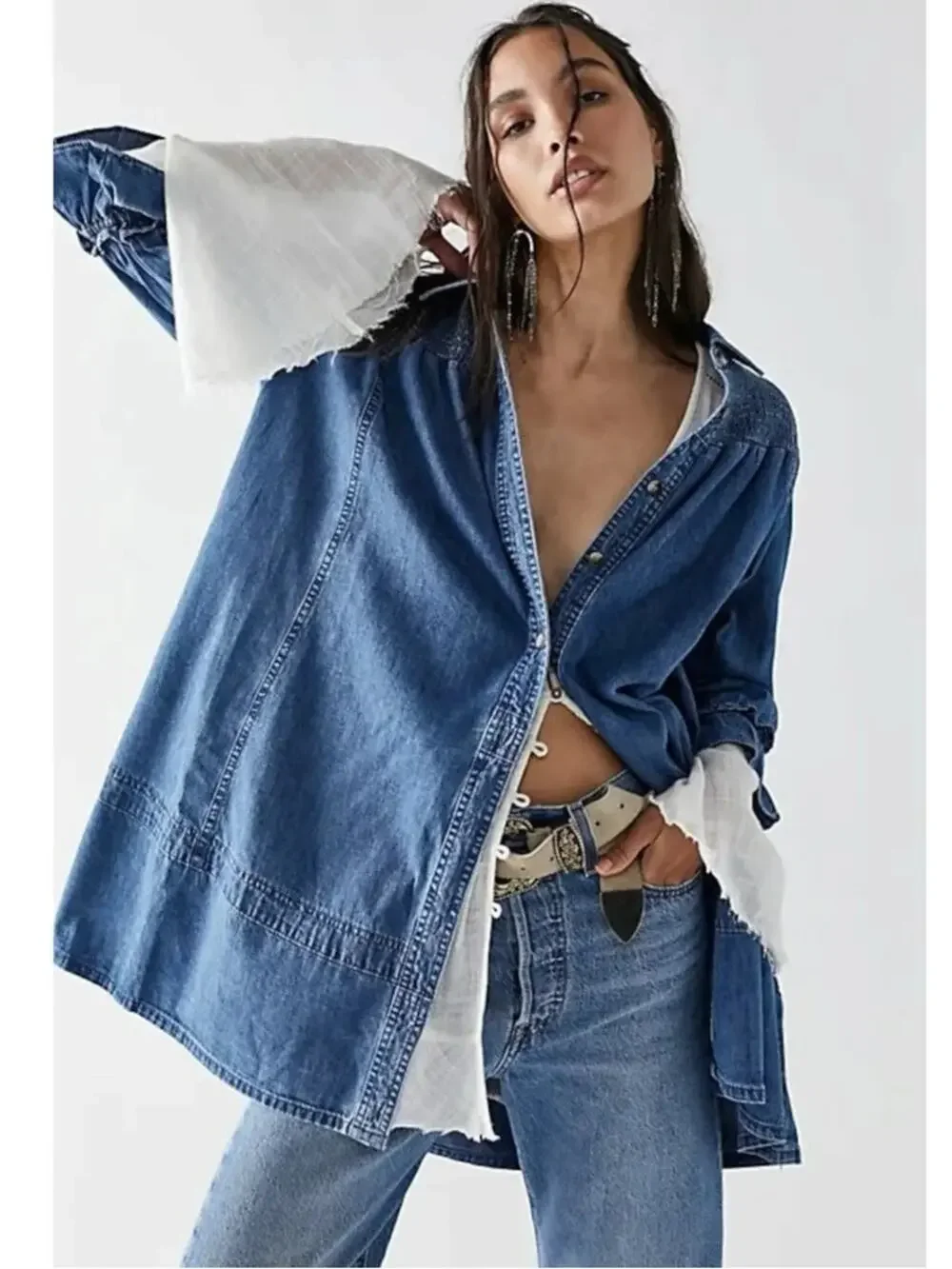 Free People Western Bohemian Vanessa Denim Tunic Top Shirt Dress Size Medium
