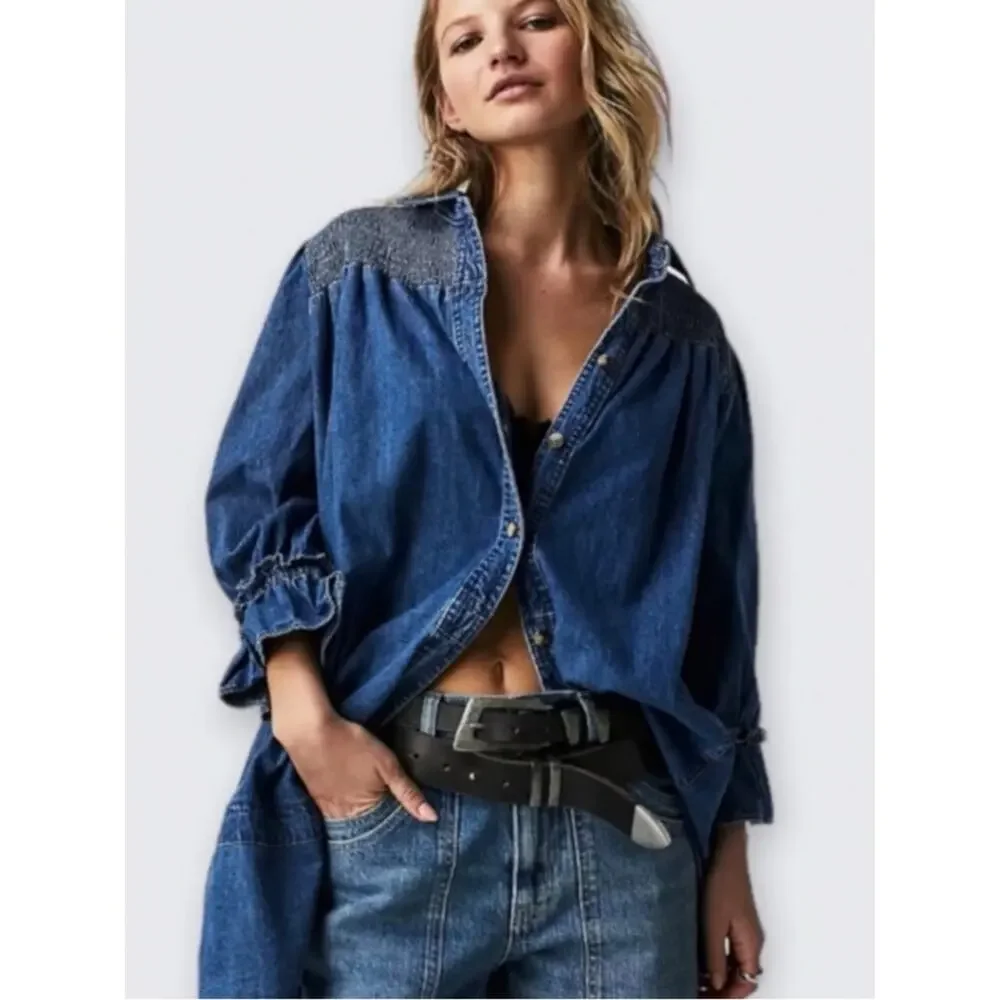 Free People Western Bohemian Vanessa Denim Tunic Top Shirt Dress Size Medium