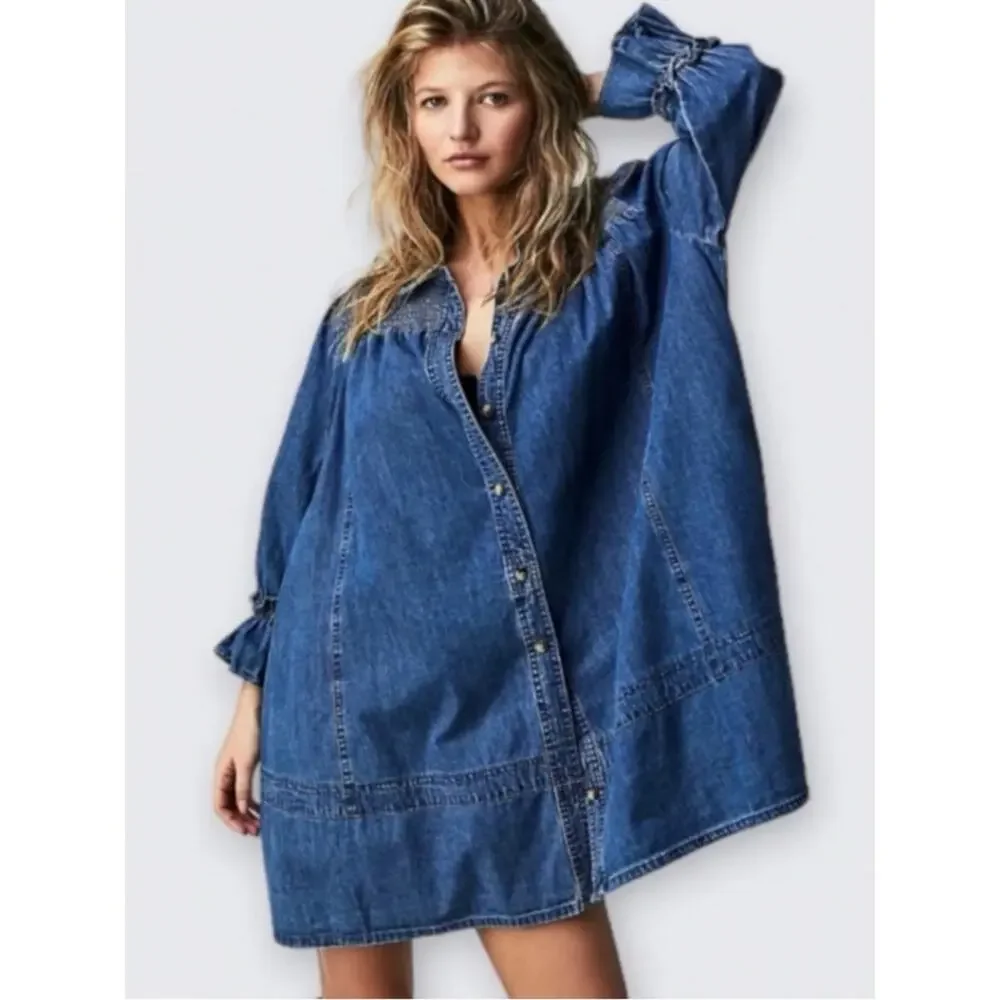 Free People Western Bohemian Vanessa Denim Tunic Top Shirt Dress Size Medium