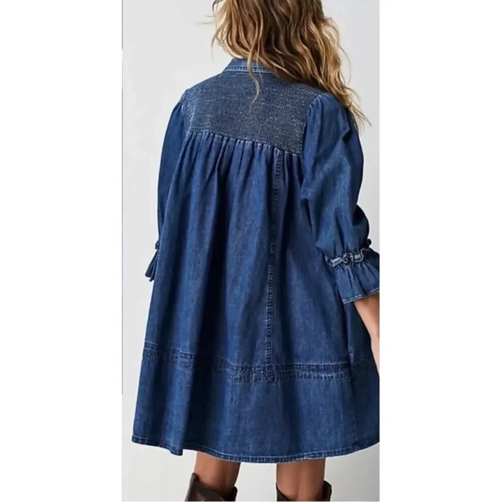 Free People Western Bohemian Vanessa Denim Tunic Top Shirt Dress Size Medium
