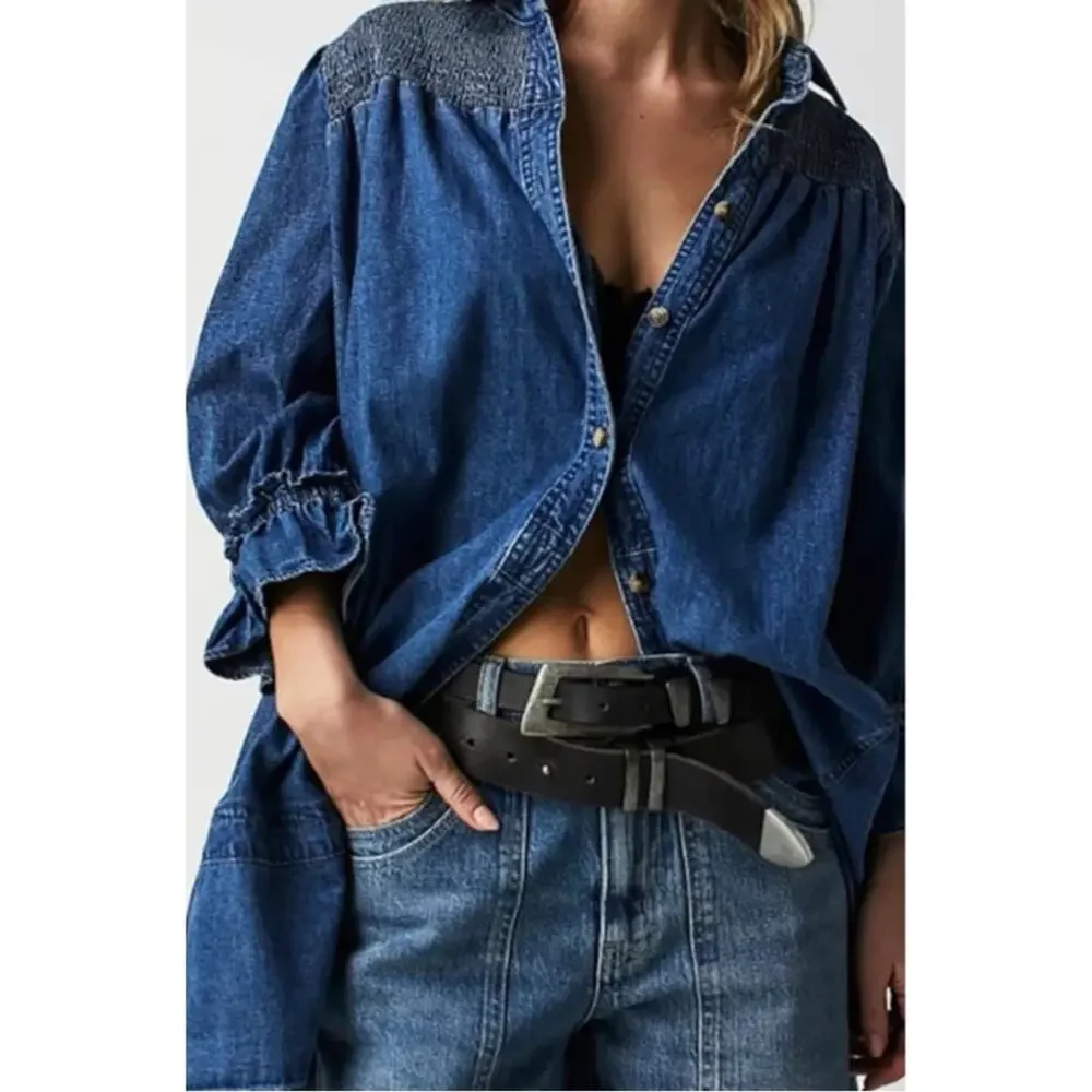 Free People Western Bohemian Vanessa Denim Tunic Top Shirt Dress Size Medium