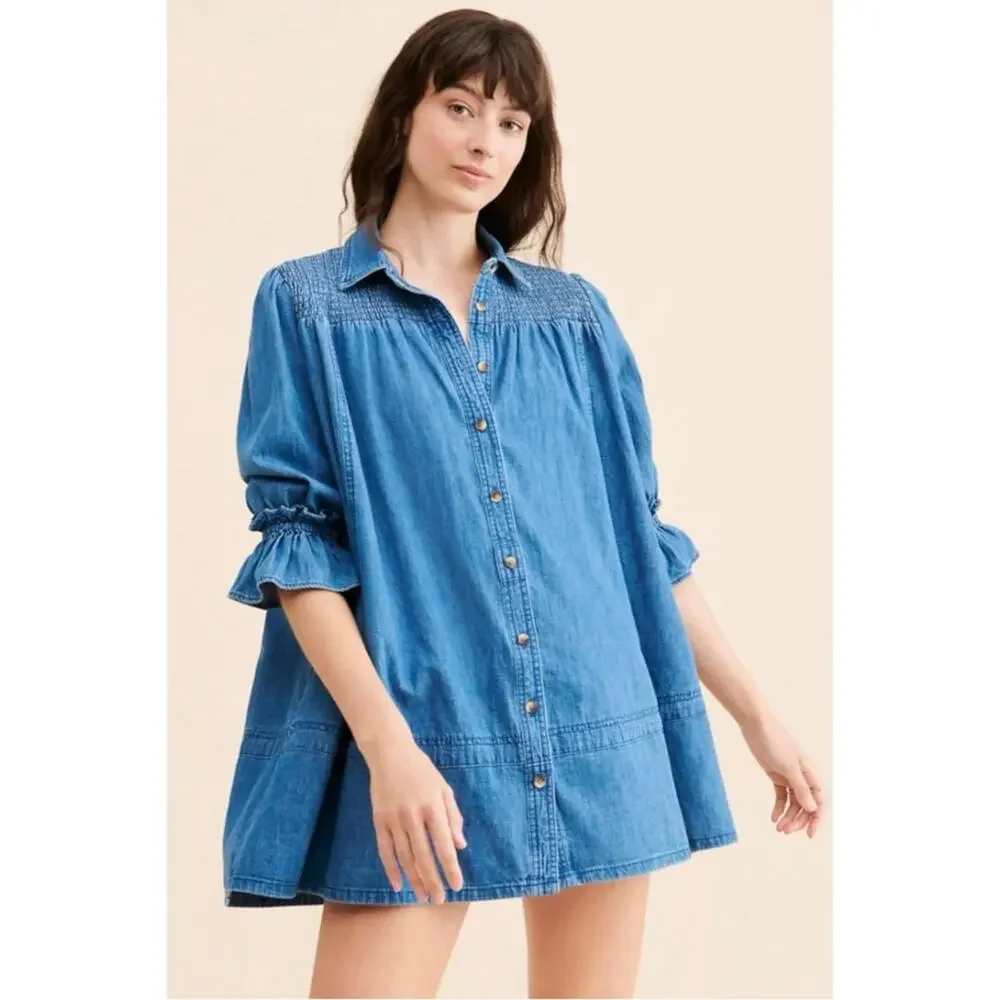 Free People Western Bohemian Vanessa Denim Tunic Top Shirt Dress Size Medium