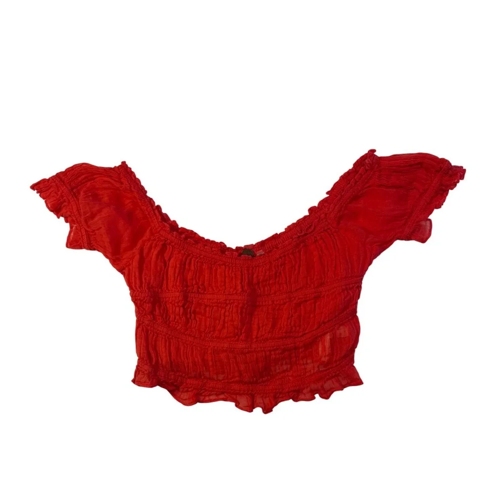 Free People FP One Smocked Crop Top Red Cotton Ruffle Off Shoulder Small