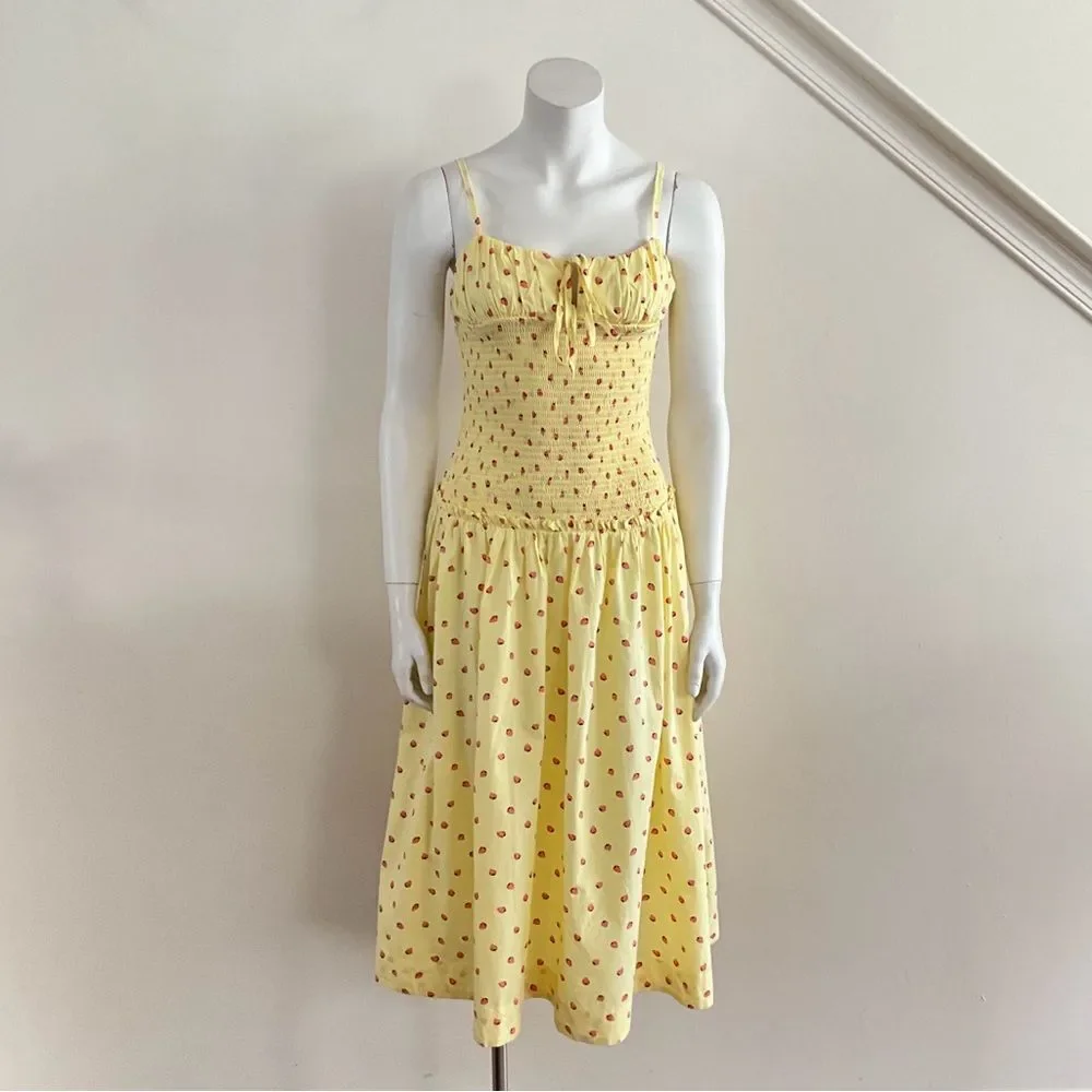 Free People Daze Strawberry Pattern Midi Dress Yellow XS