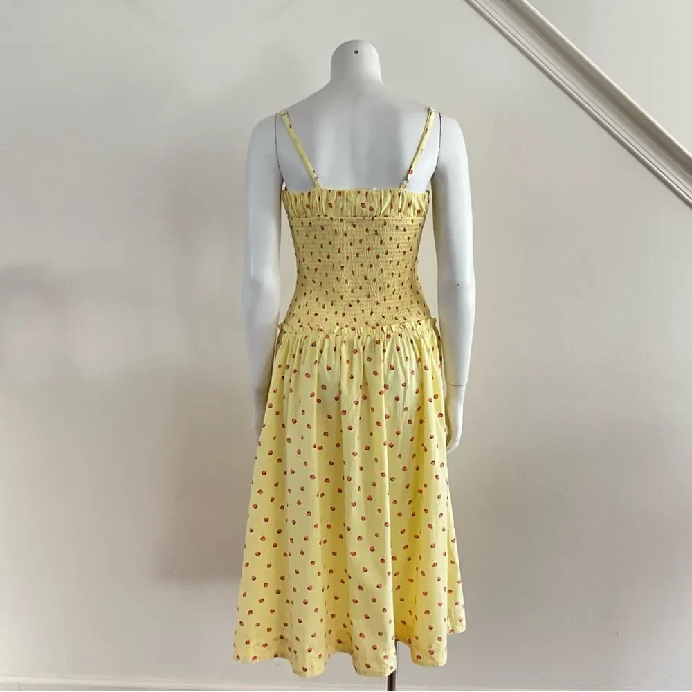 Free People Daze Strawberry Pattern Midi Dress Yellow XS