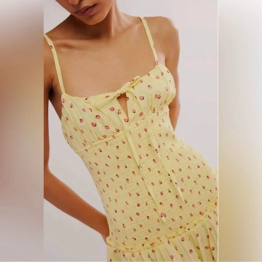 Free People Daze Strawberry Pattern Midi Dress Yellow XS