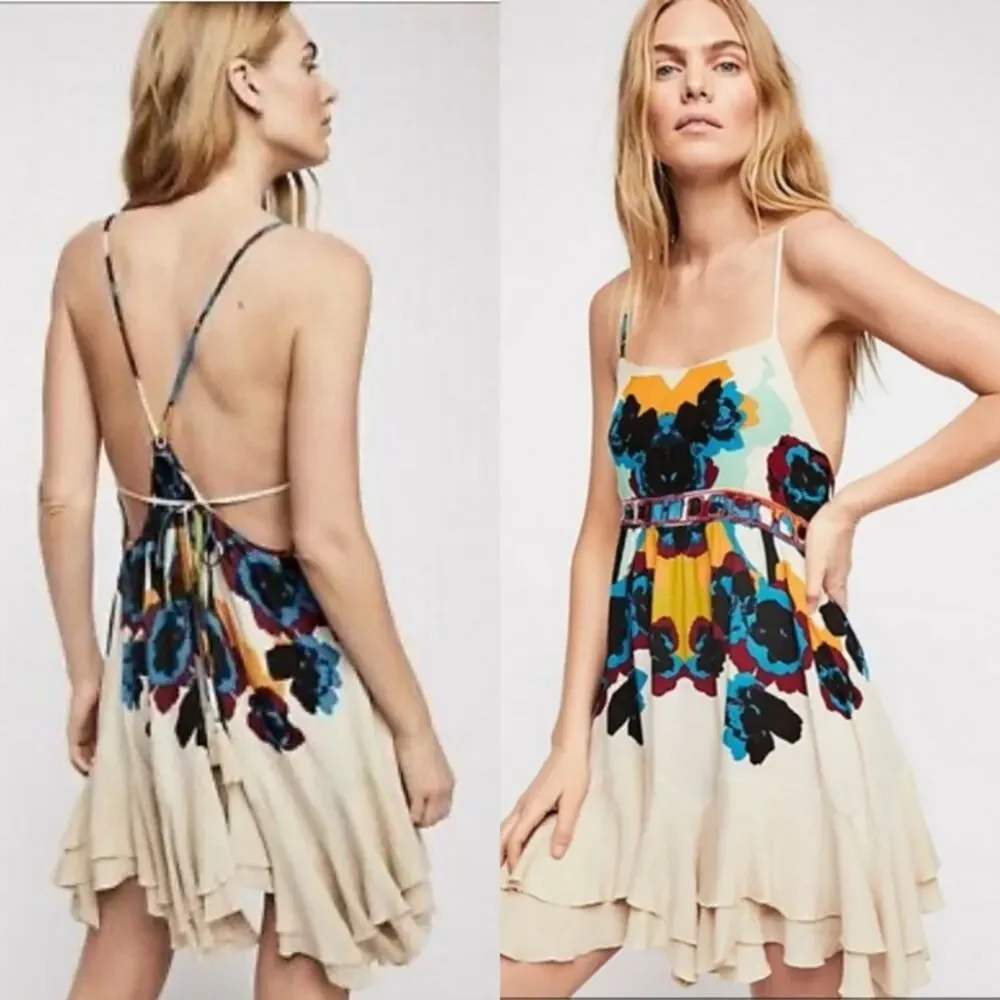 Free People Women's Sweet Lucy Slip Sun Dress Embroidered Tasseled Size XS Multi