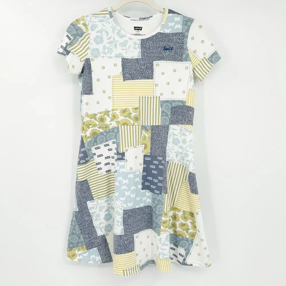 Levis Girls Summer Boho Patchwork Butterfly Floral Short Sleeve Dress Size 14-16