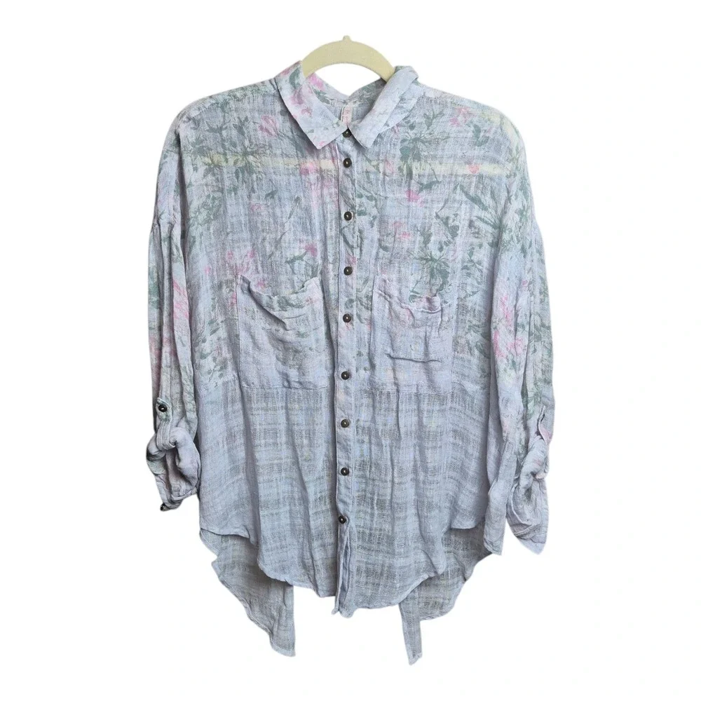 Free People Shibori Floral‎ Shirt Open Back Button Front Roll Sleeve Women's S