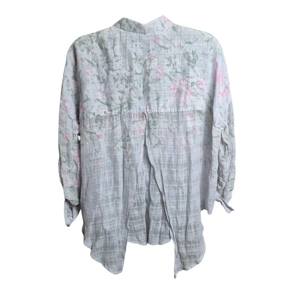 Free People Shibori Floral‎ Shirt Open Back Button Front Roll Sleeve Women's S