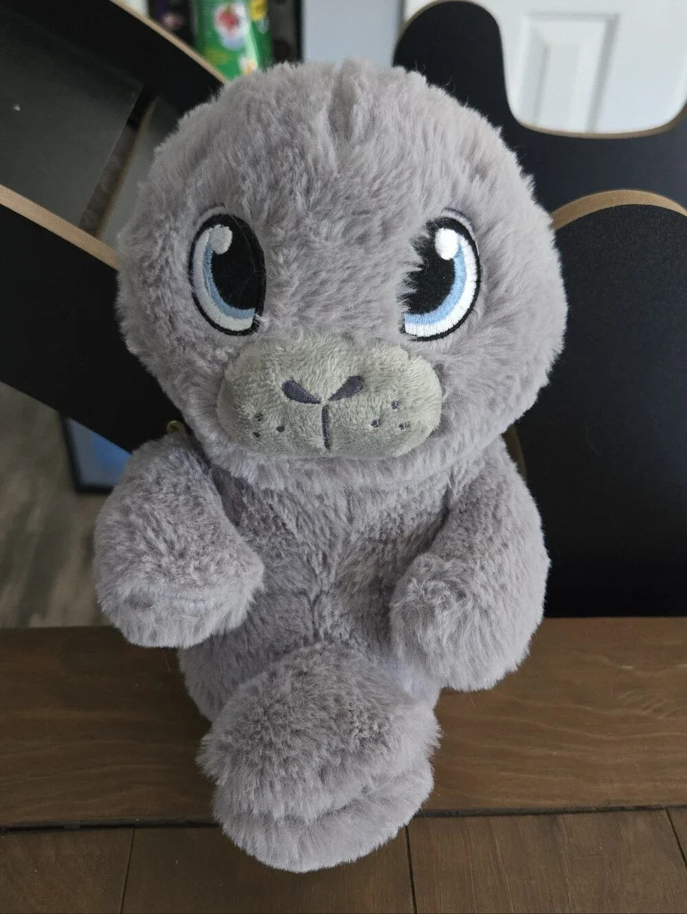 Gray Plush Seal Stuffed Animal with Blue Eyes Fiesta