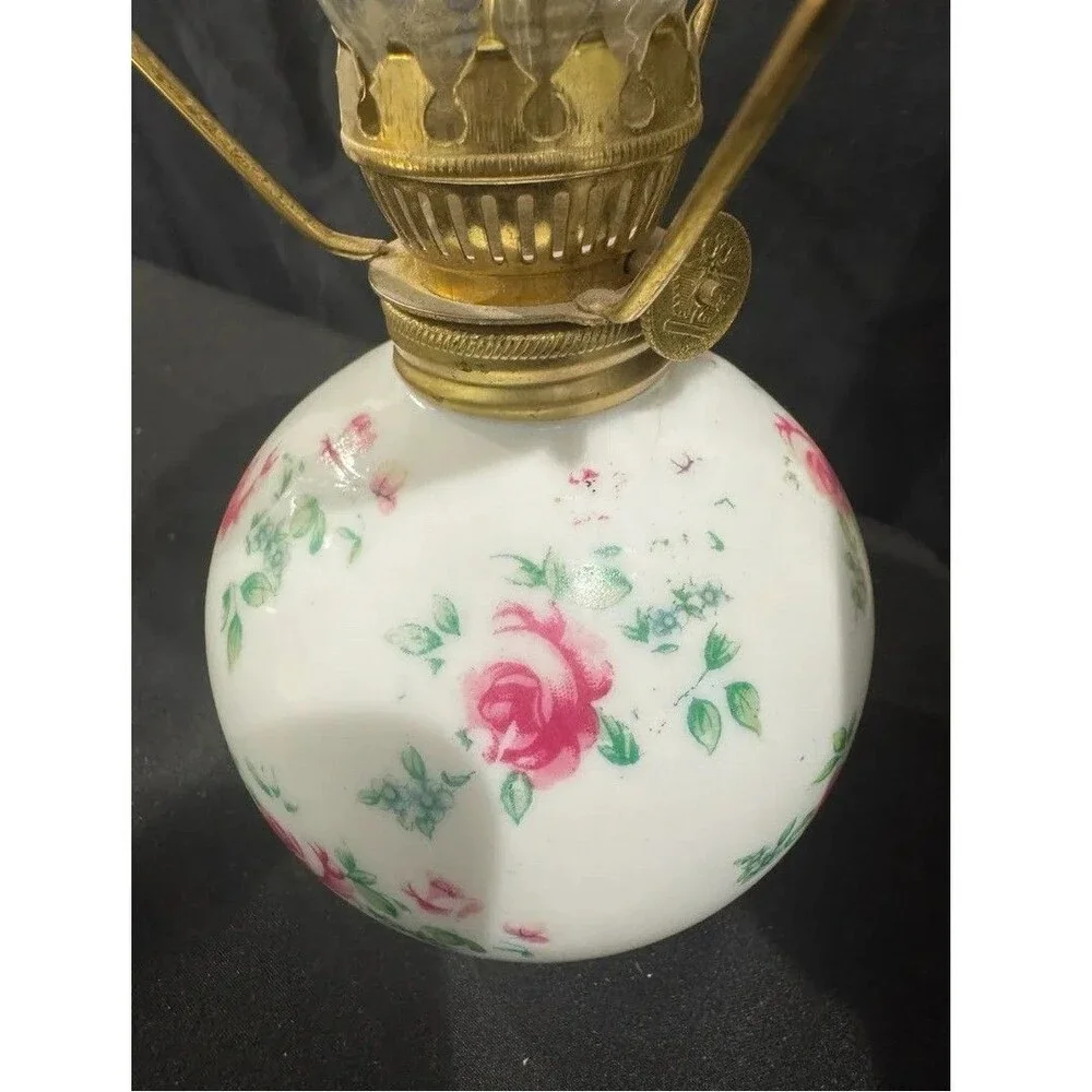 Antique Miniature GWTW Oil Lamp Base White Milk Glass Pink Roses 5 inch Japan
