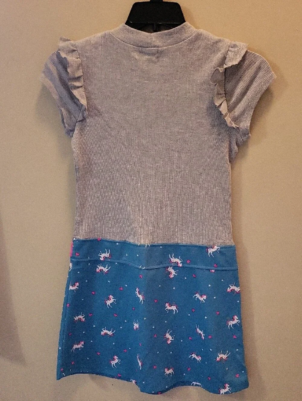 Unicorn Print Girls' Gray & Blue Casual Dress with Pink Accents